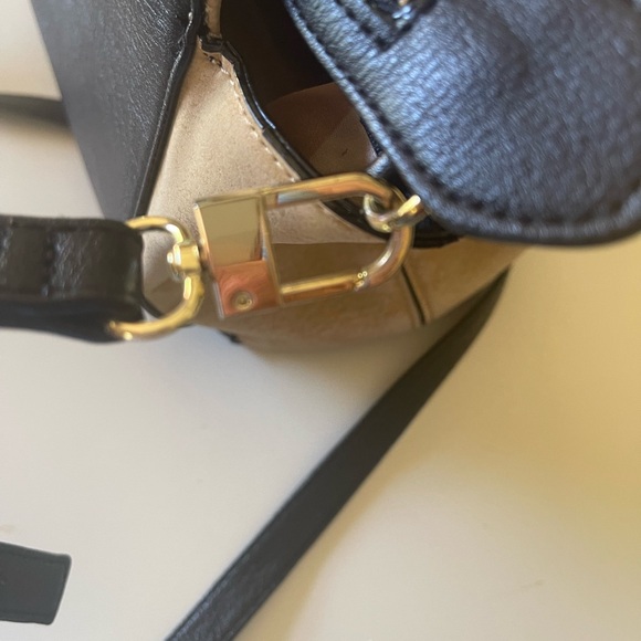 Kate Landry Black and Tan Crossbody Bag with Gold Accents. Use Strap or Handles. - Picture 7 of 12